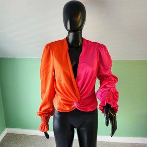 Neon fluorescent late 80s-early 90s orange-pink flowy blouse raver shirt